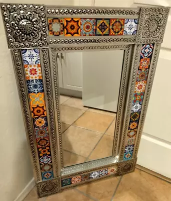 Large 34 X 22   Mexican Folk Art Pierced Tin & Talavera Tile Framed Wall Mirror • $165