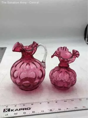 Vintage Decorative Tabletop Cranberry Pink Glass Bubble Vase & Pitcher Lot Of 2 • $9.99