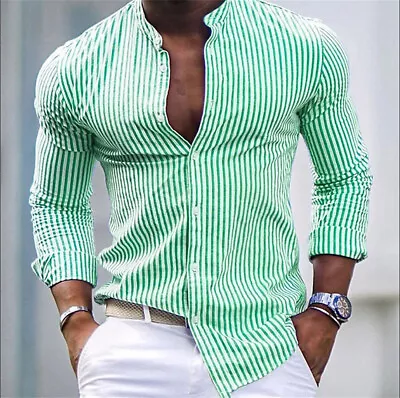 Mens Striped Button Down Shirts Long Sleeve Spring Summer V-Neck Shirts Casual • $26.28