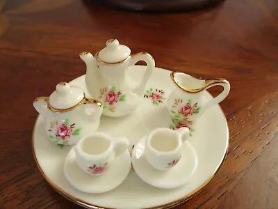 Dollhouse Tea Set 10 Pc Mini Porcelain Tea Pot Cups Sugar Creamer Tray White • $9.99