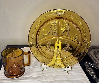 Vintage Lot - Margery Daw Amber Glass Divided Child Plate & Nursery Rhyme Cup • $29.33