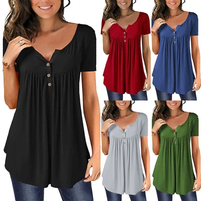 £11.19 • Buy Womens Short Sleeve Plain Tunic Tops Casual Butons Swing T-shirt Blouse Shirts