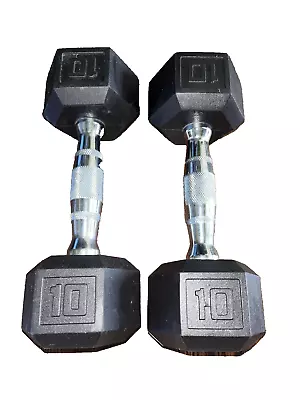 Pair Of 10 LB Rubber Coated Hex Dumbbells Weights 20 Lb Total FAST FREE SHIPPING • $29.69