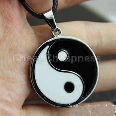 Yin Ying Yang Pendant Black White Necklace Charm With Black Leat ❤ 1 • $15.31