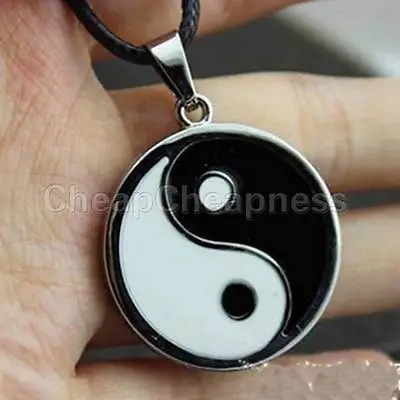 Yin Ying Yang Pendant Black White Necklace Charm With Black Leath XK • £5
