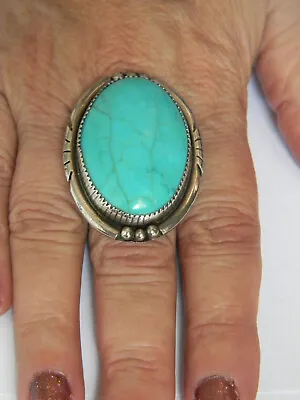 Huge Sterling Silver Kingman Mine Turquoise Ring By Navajo Patrick Yazzie Sz 9 • $450