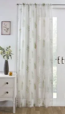 Moss Olive Green Fern Leaves Slot Top White Voile Window Door Curtain Panel • £11.99