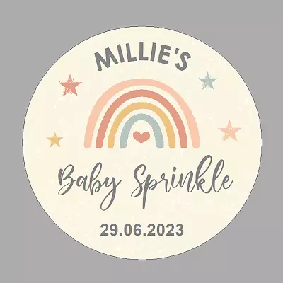 Round Baby Sprinkle Stickers Personalised Rainbow And Stars Baby Shower Labels • £2.70