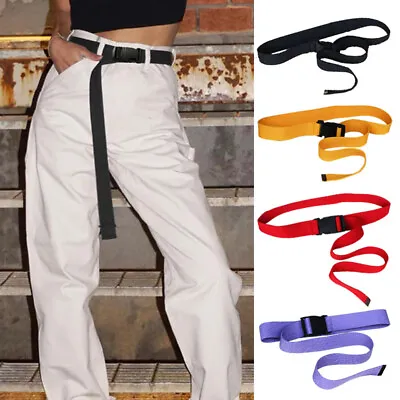 Women Men Adjustable Canvas Webbed Belt Plastic Buckle Unisex Long Waist Belts • £3.23