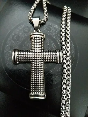 Mens Silver Stainless Steel Medieval Textured Chunky Cross Necklace Gift • £19.99