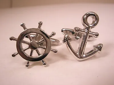 Navy Merchant Marine Ship's Wheel & Anchor Silver Tone Modern Cuff Links • $33.49