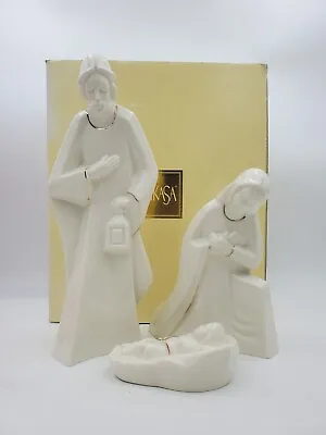 Large 11  Mikasa 3 Piece Holy Night Nativity Set KT421/595 Gold Holy Family Box  • $67.50