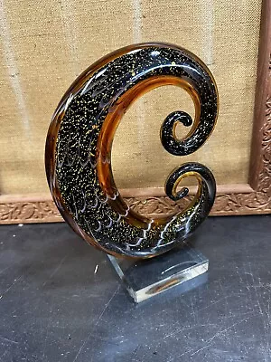 Murano C Shaped Glass Gold Brown Hand Blown Sculpture Chips To Base Italian • $70