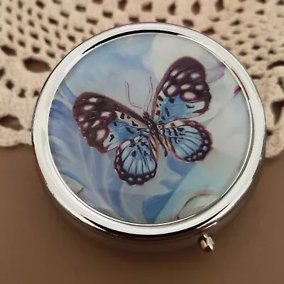 Cute Pill Box For Purse Decorative Case Blue Butterfly Holder Vitamin Mint Metal • $14.88