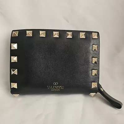 Valentino Garavani Rockstud Leather Compact Zip Around Wallet In Black • $330