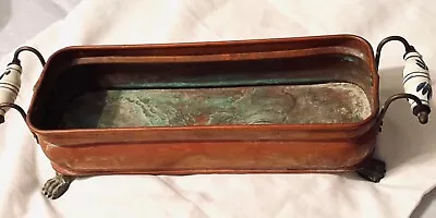 Vintage Copper Claw Foot Rectangular Planter Jardiniere Delft Porcelain Handles • $77