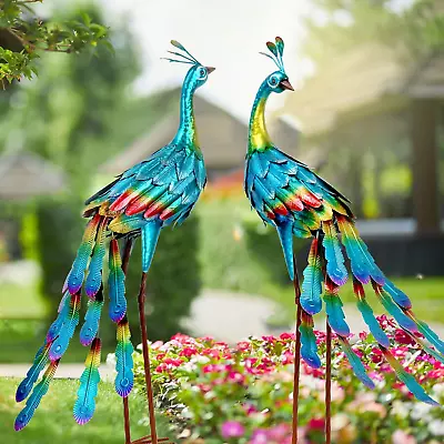 Peacock Statue Garden Decor Metal Yard Art Ornament Outdoor Sculpture Set Of 2 • $93.26