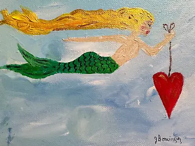 Original Painting Acrylic Mermaid Holding Heart Whimsical Folk Art Canvas • $25