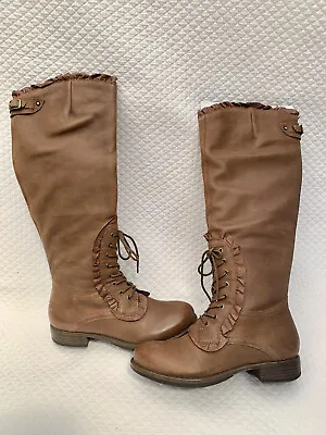 CROWN VINTAGE WOMEN'S BROWN LEATHER SIDE ZIP BOOTS Lace BOHEMIAN STYLE SIZE 6M • $49