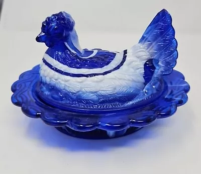 Rare Mosser Hen On Nest Covered Candy Dish Cobalt Blue Slag Glass Swirl MINT • $85