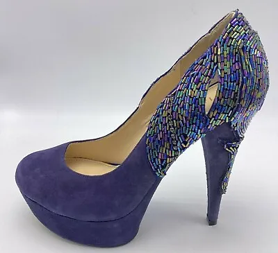 Enzo Angiolini Sz 8 M Womens Platform Heels Blue Leather Jeweled Round Toe 5.5   • $14.99