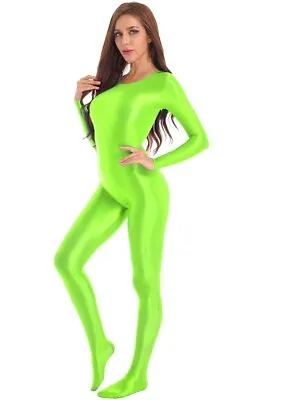 Neon Flo Green Adult Ladies Long Sleeve Scoop Neck Spandex Dance Catsuit 6-10 • £31.99