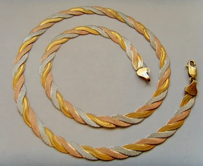 £295 • Buy 9ct Gold Herringbone Chain Stunning Item In 3 Colour Gold 17  Length Good Weight
