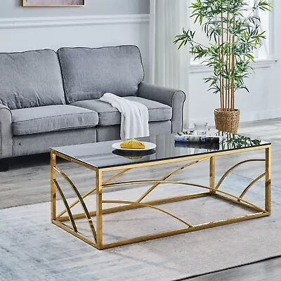 120cm Luxury Stainless Steel Golden Coffee Table Side Table Grey Glass Top • $149.99