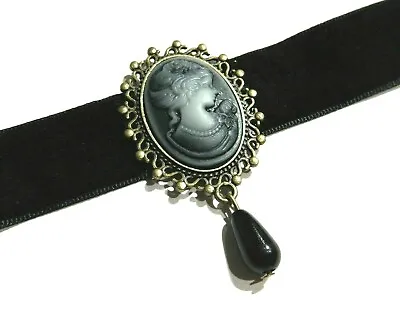 BLACK VELVET LADY CAMEO CHOKER Victorian Gothic Steampunk Necklace EGL Z5 • $9.99