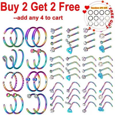 16-64Pcs CZ/Opal Nose Ring Hoops Surgical Steel Pin Bone L Screw Studs Set 20G • $8.39