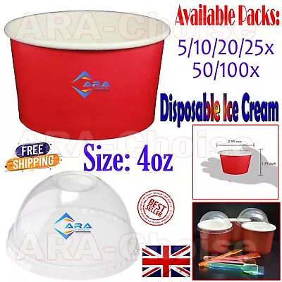 4oz Disposable Ice Cream Paper Tub Cup Dessert Container With Domed Clear Lid • £3.25