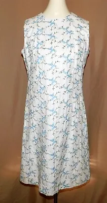 Vintage L'AIGLON White Sleeveless Sheath Dress Blue Floral Embroidery Sz Small • $22.95