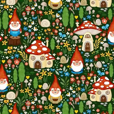 By 1/2 Yard Michael Miller Gnome Sweet Gnome Garden Fabric ~ Mushroom House • $6