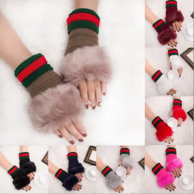Women Winter Warmer Fingerless Gloves Knitted Faux Rabbit Fur Wrist Mitten NEW • $6.98