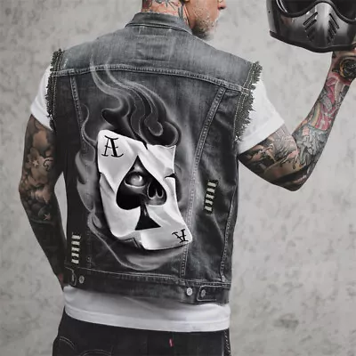 Mens Motorcycle Vest Skull Print Hip Hop Punk Rock Denim Biker Vest Waistcoat • $50.15