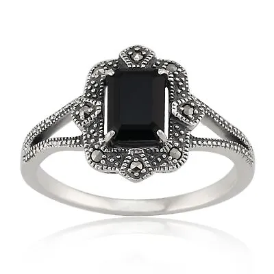 Art Deco Style Baguette Black Spinel & Marcasite Ring In 925 Sterling Silver • £40