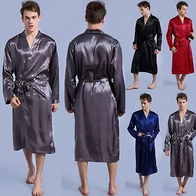 Mens Satin Silk Pajamas Kimono Bathrobe Robe Dressing Summer Gown Pjs Loungewear • £14.03