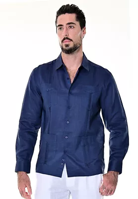 Bohio Soft 100% Linen Guayabera Shirt For Men -Navy  Traditional 4 Pocket MLS401 • $59.99