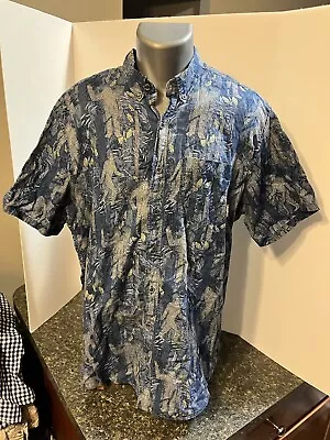 EDDIE BAUER Men's SS Button Down Shirt Blue Bigfoot Print XL Tall - Cotton • $10