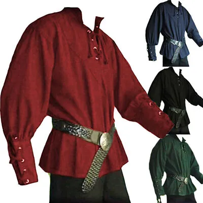 Men Medieval Renaissance Shirts Viking Pirate Halloween Cosplay Costume Tops • £20.79