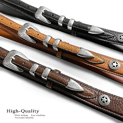 Western Silver Engraved Texas Ranger Star Conchos Genuine Bison Leather Belt • $49.95