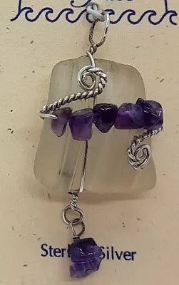 LUNASEA TREASURES SEA GLASS SEAFOAM WHITE W/ AMETHYST STERLING SILVER WRAPPED  • $14.95