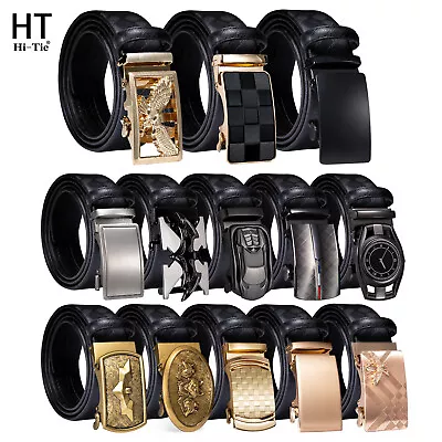 Hi-Tie Black Leather Mens Ratchet Belt Belts For Men AdjUKtable Automatic Buckle • £10.99