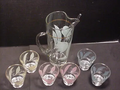 Vintage Cocktail Pitcher Glasses Stir Set Pastel Flowers 8 Pc Mid Century • $135