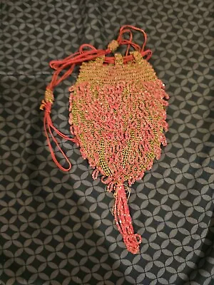 Vintage Redish Pink  Micro Beaded Drawstring Purse Flapper Bag • $21.99