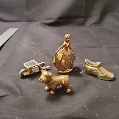 Vintage Miniature Lady Dog Shoe & Wheelbarrow Porcelain Gold Gild Japan  • $9