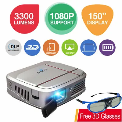 £223.51 • Buy Portable 3300lm DLP 3D HD WiFi Projector 1080P Wirelessly Airplay +3D Glasses