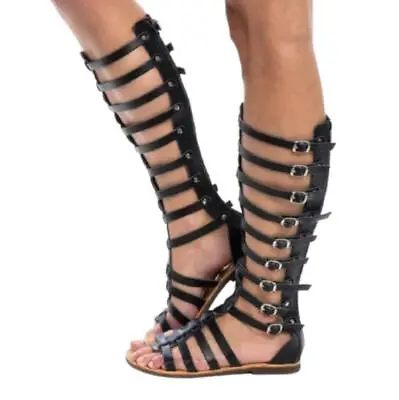 Women Knee High Gladiator Sandals Strappy Beach Flat Shoes Cut Out Zip Boots D • $38.17