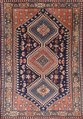 Vintage Tribal Navy Blue/ Beige Yalameh Area Rug 4x5 Wool Hand-knotted Carpet • $932