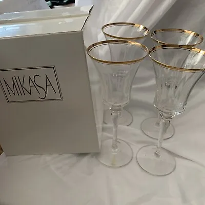 4 Set Of Mikasa Jamestown 8 5/8  Gold Rimmed Water Goblet Glasses • $59